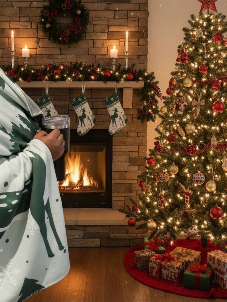 Green Reindeer Winter Blanket